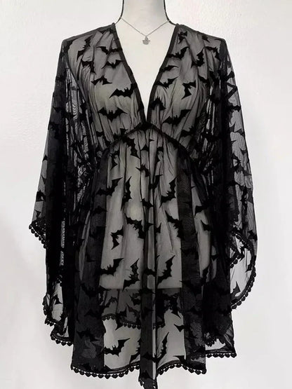 Bat Print Sheer Chiffon Wing Detail V-Neck Loose Mini Dress