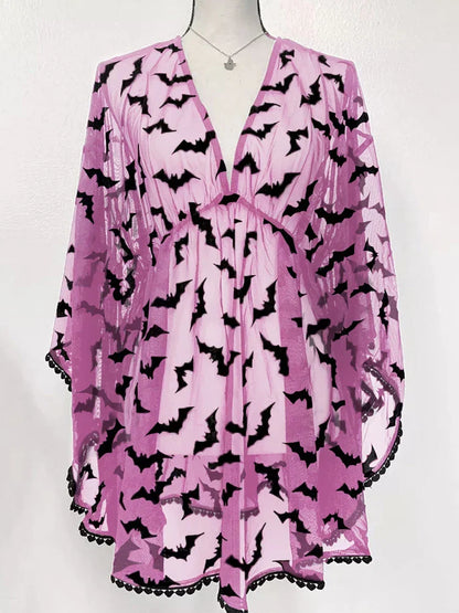 Bat Print Sheer Chiffon Wing Detail V-Neck Loose Mini Dress