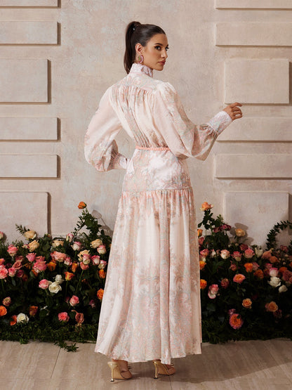 Mandarin Collar Bishop Sleeve Button Front Rope Belt Floral Print Maxi Dress