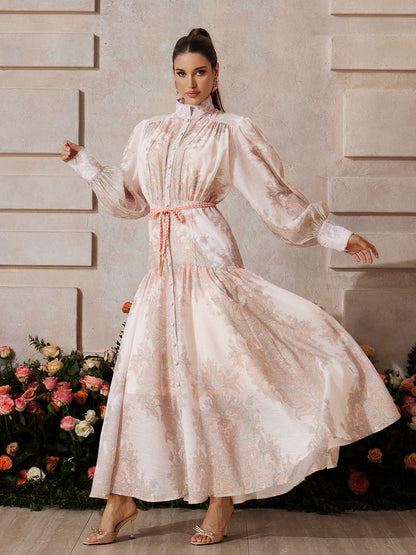 Mandarin Collar Bishop Sleeve Button Front Rope Belt Floral Print Maxi Dress