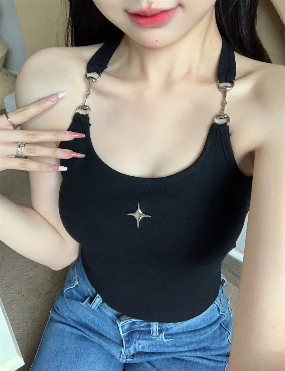Mysterious Chain Black Cross Print Black Crop Top