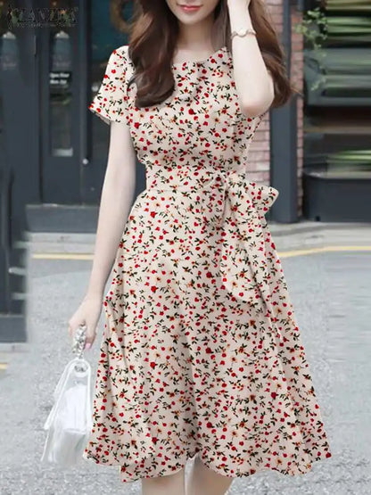 Ditsy Floral Print Round Neck Tie Waist A-Line Midi Dress