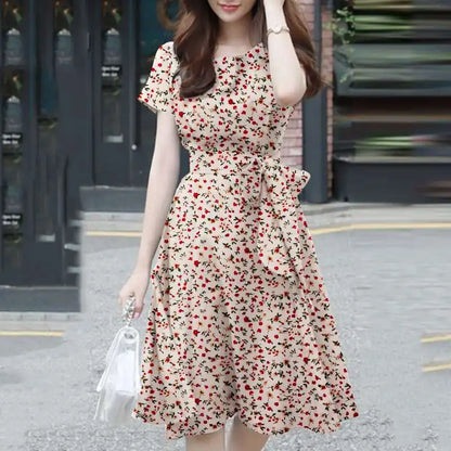 Ditsy Floral Print Round Neck Tie Waist A-Line Midi Dress