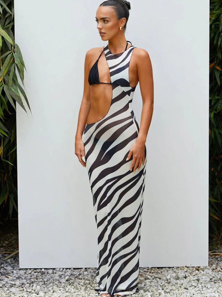 Zebra Print One Shoulder Midriff Cutout Bodycon Midi Dress