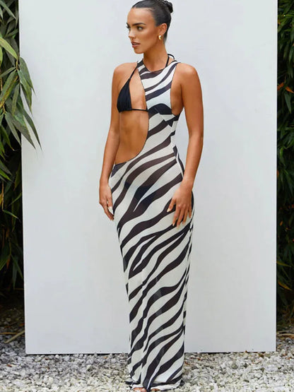 Zebra Print One Shoulder Asymmetrical Cutout Bandeau Twist Bodycon Midi Dress