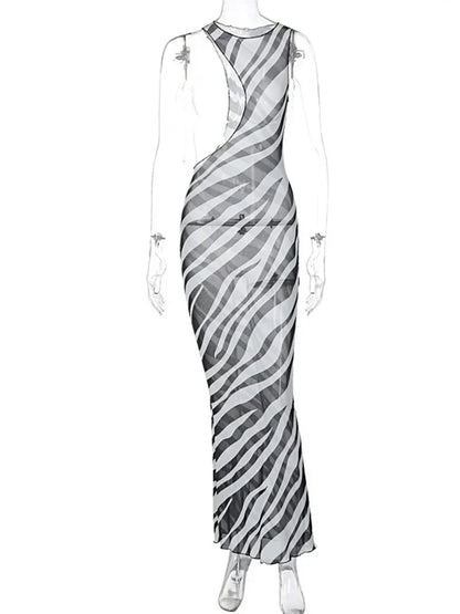 Zebra Print One Shoulder Midriff Cutout Bodycon Midi Dress