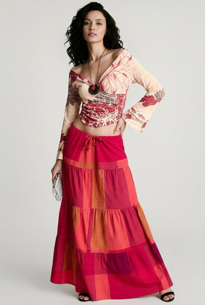 Color Block High Waist A Line Vacation Skirt
