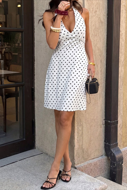 Polka Dot Halter Deep V Waist Midi Dress