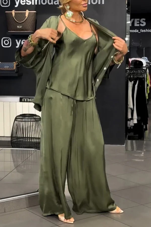Ellie Satin Button Half Sleeve Cardigan and Tank and Elastic Waist Pocket Pants 3 Pieces Set