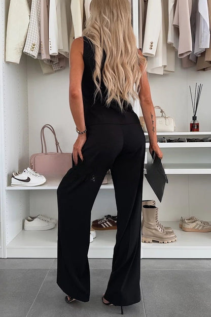 Workplace Chic Sleeveless Button Vest and Relaxed Pocket Wide Leg Pants Set