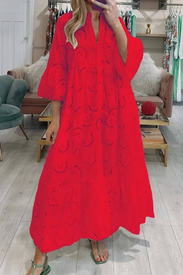 Eyelet Embroidery Maxi Dress Stand Collar Half Button 3/4 Flare Sleeve Loose Beach Vacation Dress