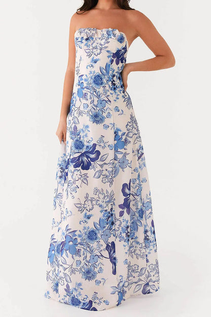 Floral Tile Print Strapless Ruffle Trim Bodycon Maxi Summer Dress