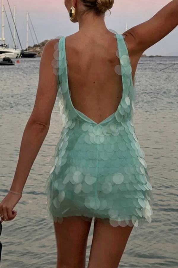 Shimmer and Glisten Sequin Boat Neck Sleeveless Open Back Mini Dress