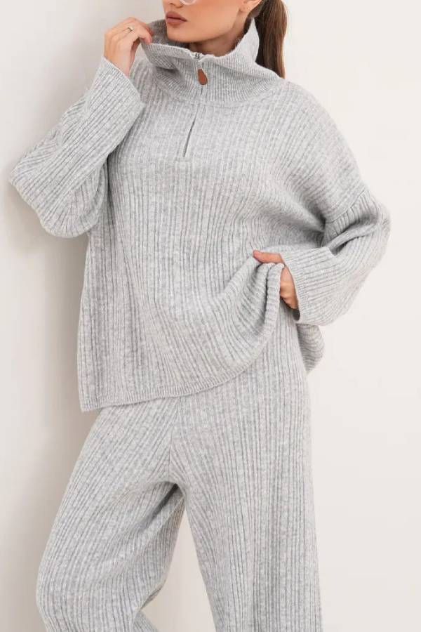 Half‑Zip Turtleneck Ribbed Knit Two‑Piece Set