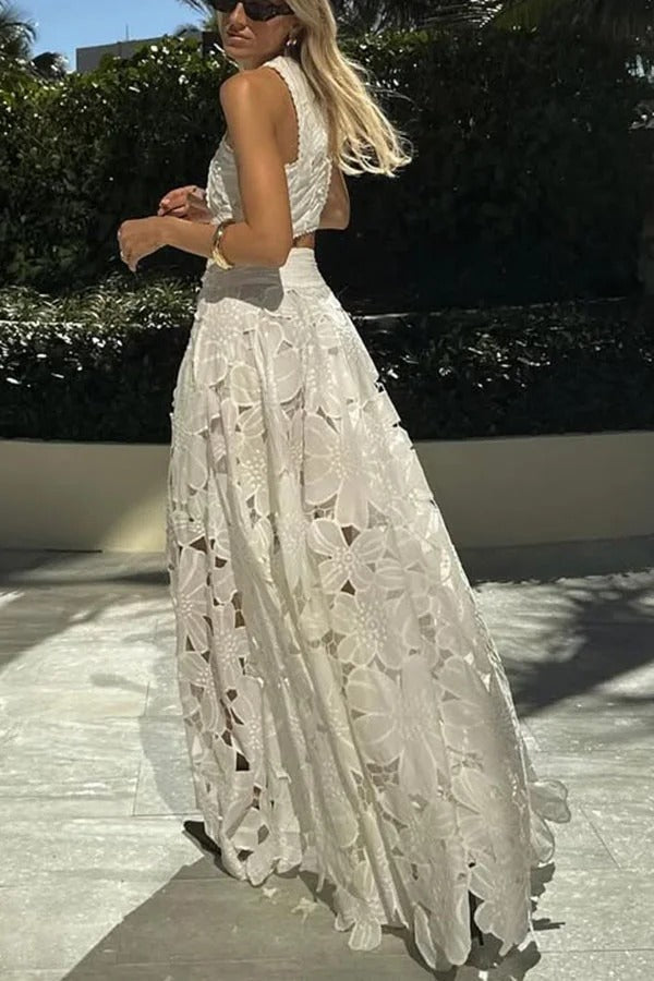 Next Trip Floral Embroidery Crochet Lace Elastic Waist Pocket Maxi Skirt