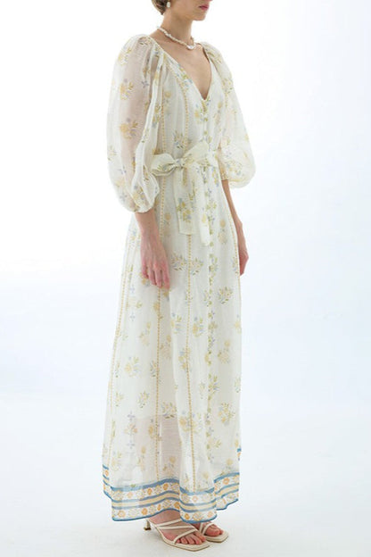 Embroidered Puff Sleeve Tie Boho Dress