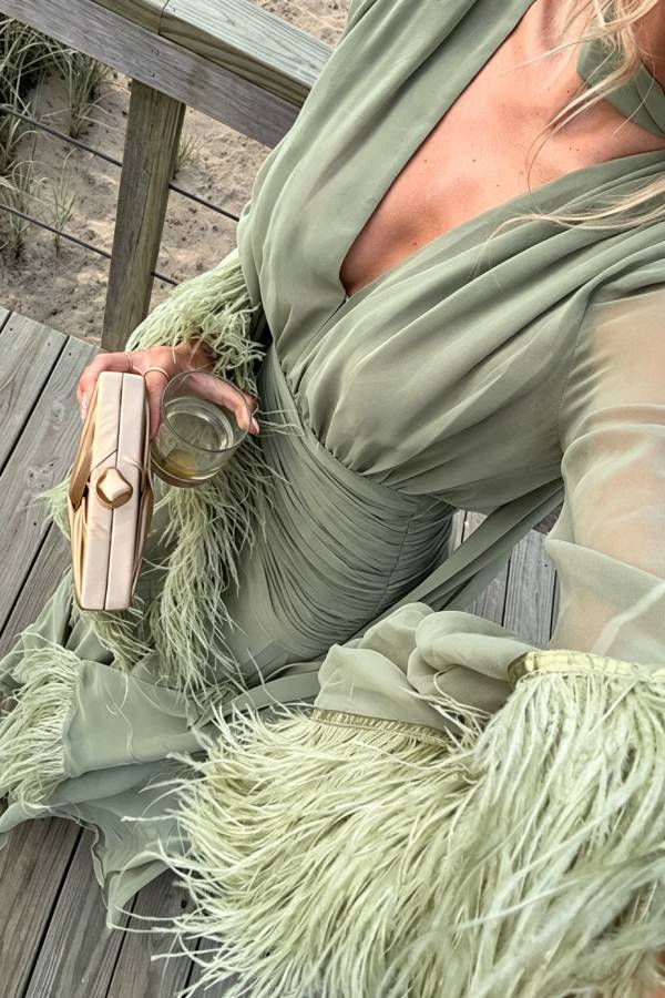 Geisha Lightweight Crepe Feather Trim Sleeve Ruched Waist Slit Maxi Dress