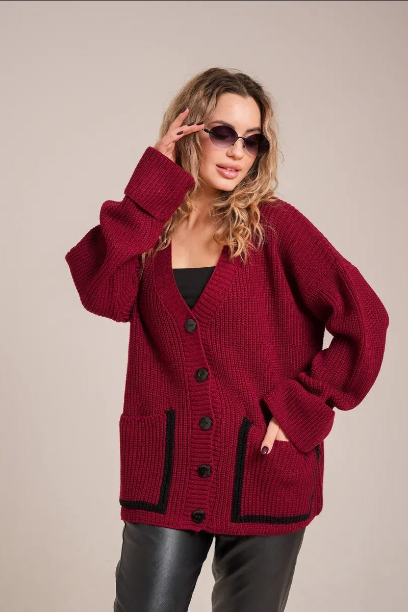 Pocket Color Block V Neck Cardigan