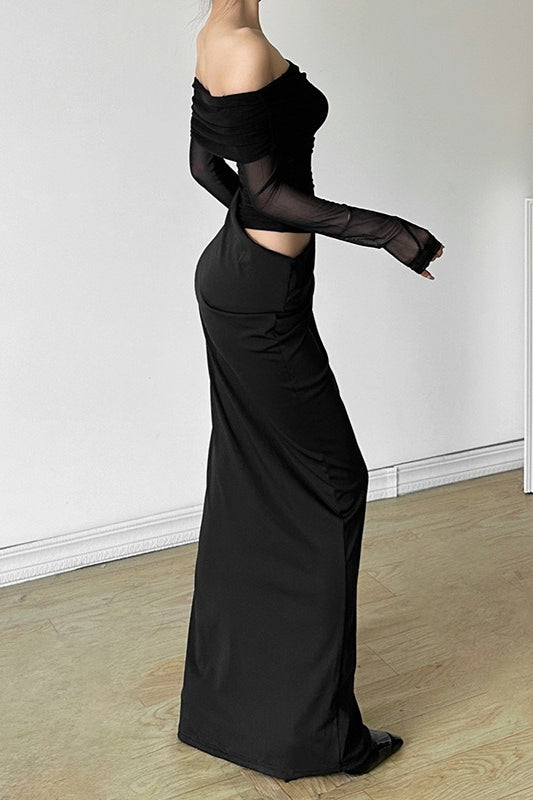 Off Shoulder Sheer Tulle Mesh Slim Fit Elegant Prom Dress