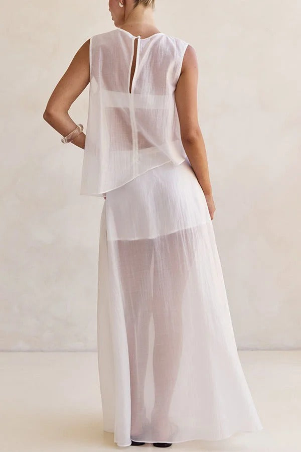 Lena Semi-sheer Irregular Hem Top and High Rise Side Zipper A-line Maxi Skirt Set