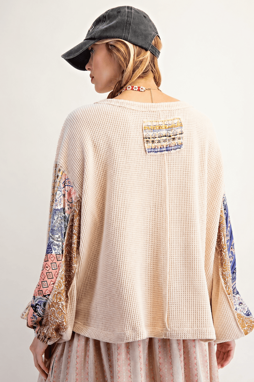 Waffle Knit Patchwork Sleeve Sweatshirt
