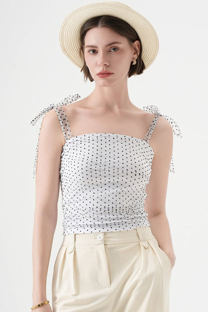 Polka Dot Halter Cropped Ruched Tie Front Tank Top