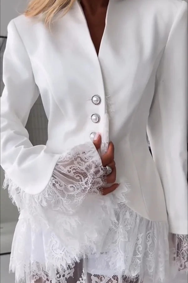 Queen Time Lace Trim V-neck Pearl Buttons Long Sleeve Loose Blazer