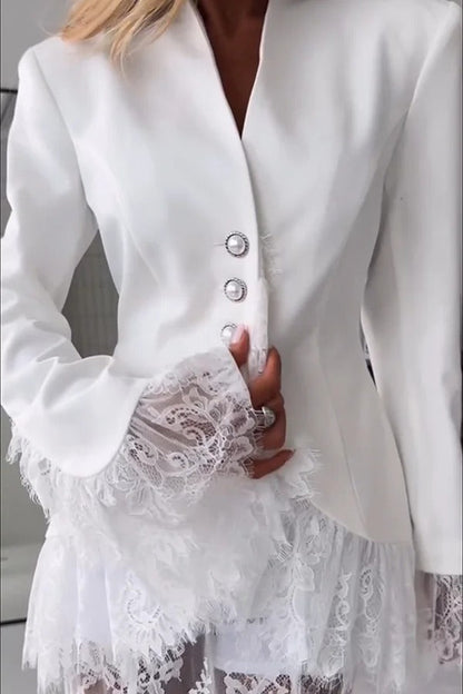 Queen Time Lace Trim V-neck Pearl Buttons Long Sleeve Loose Blazer