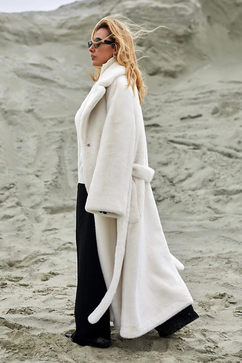 Long Notched Lapel Belted Rabbit Faux Fur Overcoat