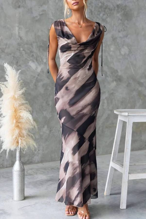 Cowl Neck Tie-Back Waist-Cinched Bodycon Maxi Dress
