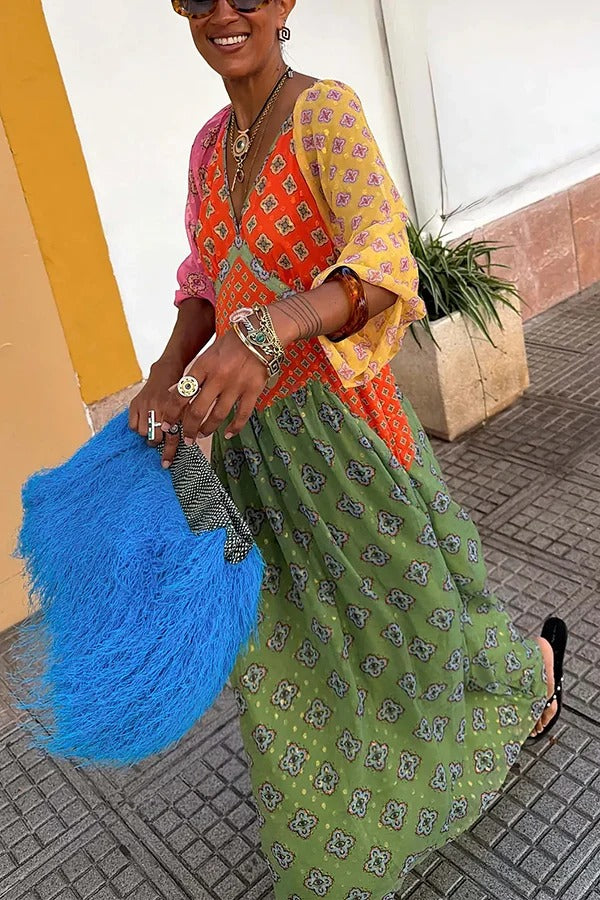 Genovah Colorful Tile Print Patchwork V-neck Balloon Sleeve Maxi Dress