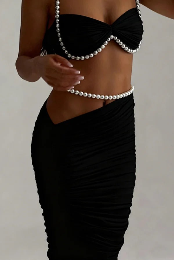 Imalia Stretch Mesh Pearl Trim Gathered Tank and Detachable Belt Vacation Maxi Skirt Set