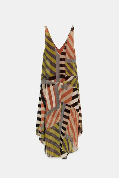 Khloe Patchwork Striped Color Block Print Wide Straps Asymmetric Hem Drape Midi Dress