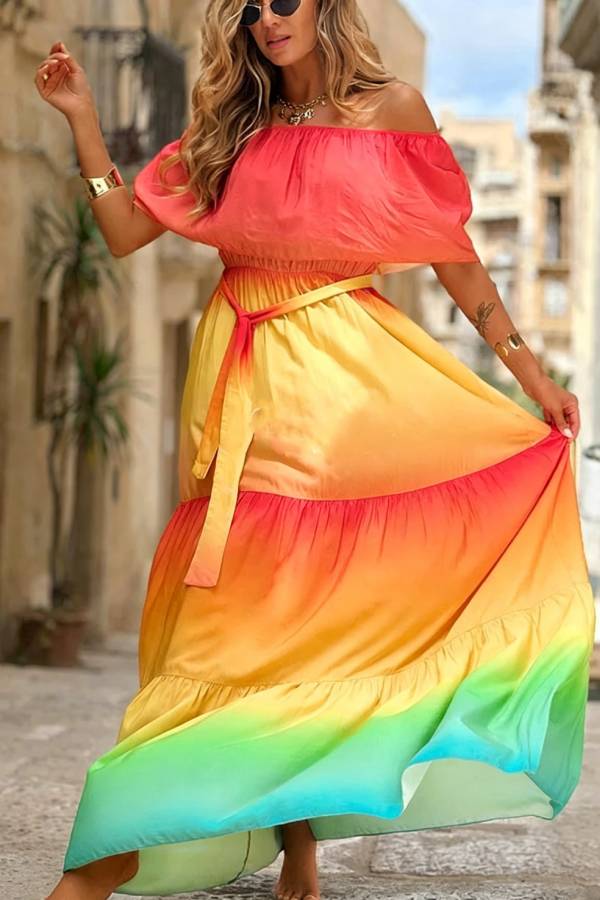 Joyelle Gradient Print Off Shoulder Tie-up Vacation Maxi Dress