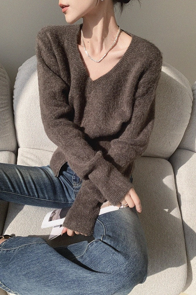Brown V-Neck Soft Knit Top