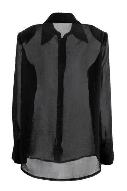Sheer Mesh Long Sleeve Shoulder Pad Blouse
