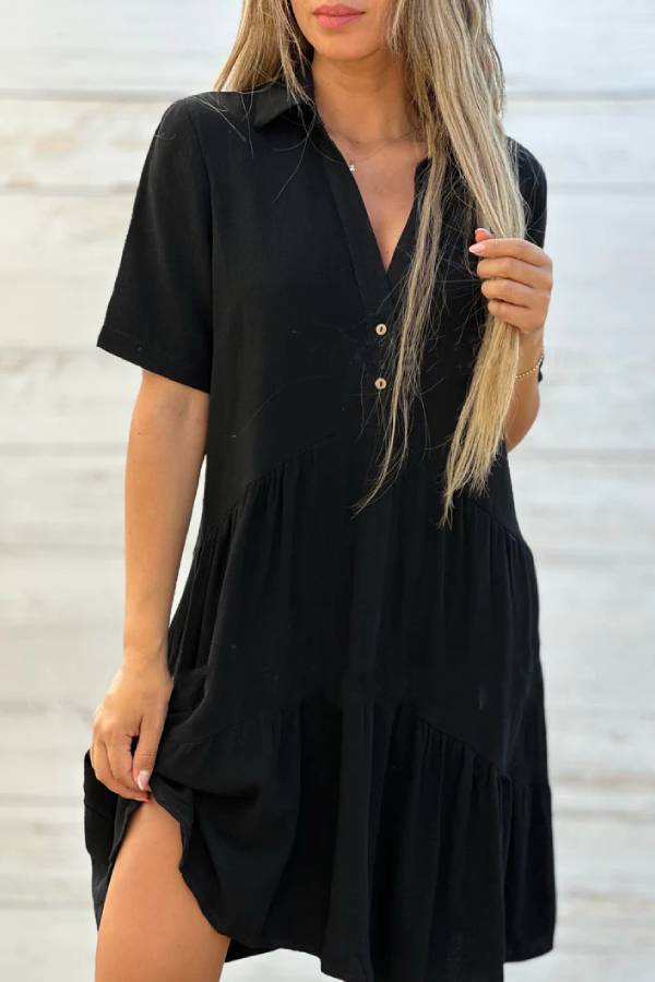 Linen-Blend Shirt Collar Half-Placket Tiered Dress