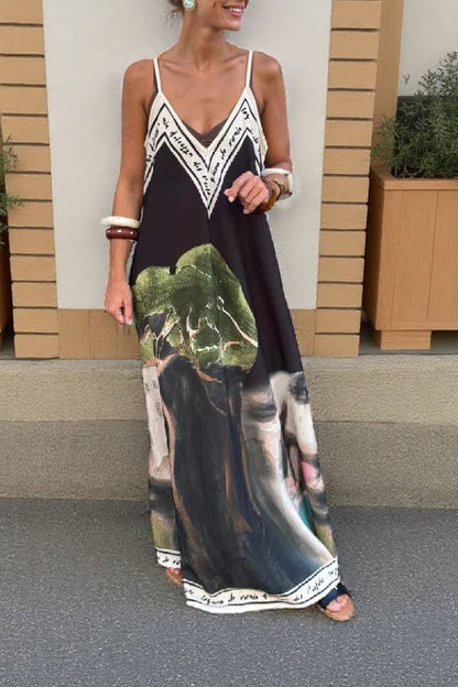 Unique Ink Flower Print Suspender Maxi Dress