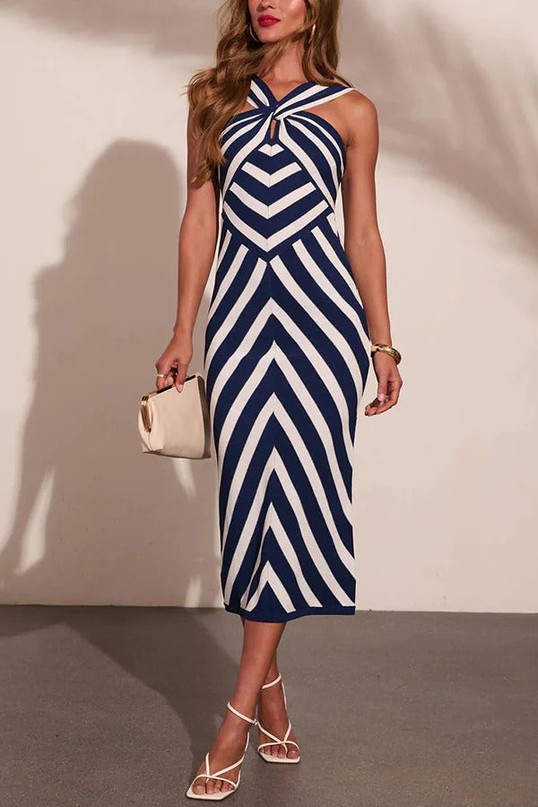 Coastal Americana Knit Striped Cross Halter Neck Stretch Midi Dress