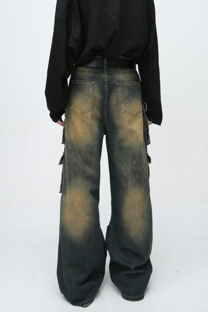 Paneled Multi Pocket Distressed Vintage Cargo Jeans