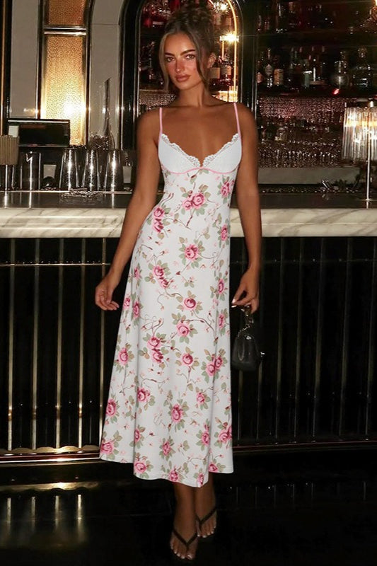Lace Patchwork Printed V Neck Bodycon Floral Dress
