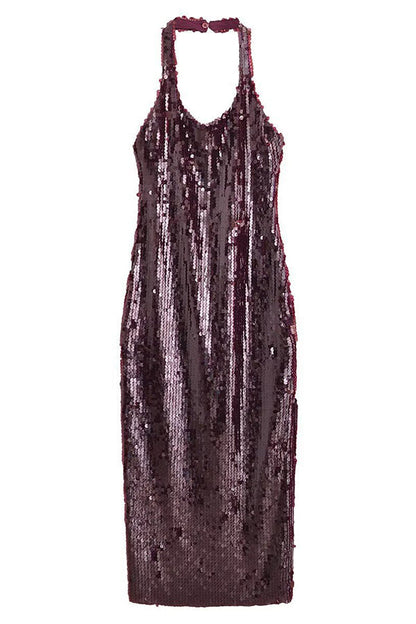 Disc Sequin Halter Backless Thigh Slit Bodycon Maxi Dress