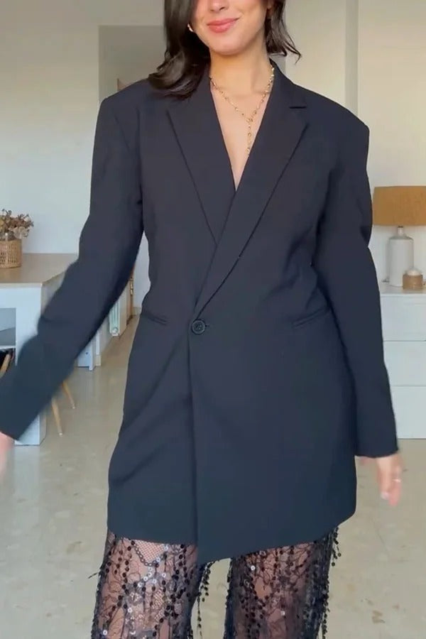 Yulissa Single Button Long Sleeve Fitted Waist Open Back Pocketed Lapel Blazer