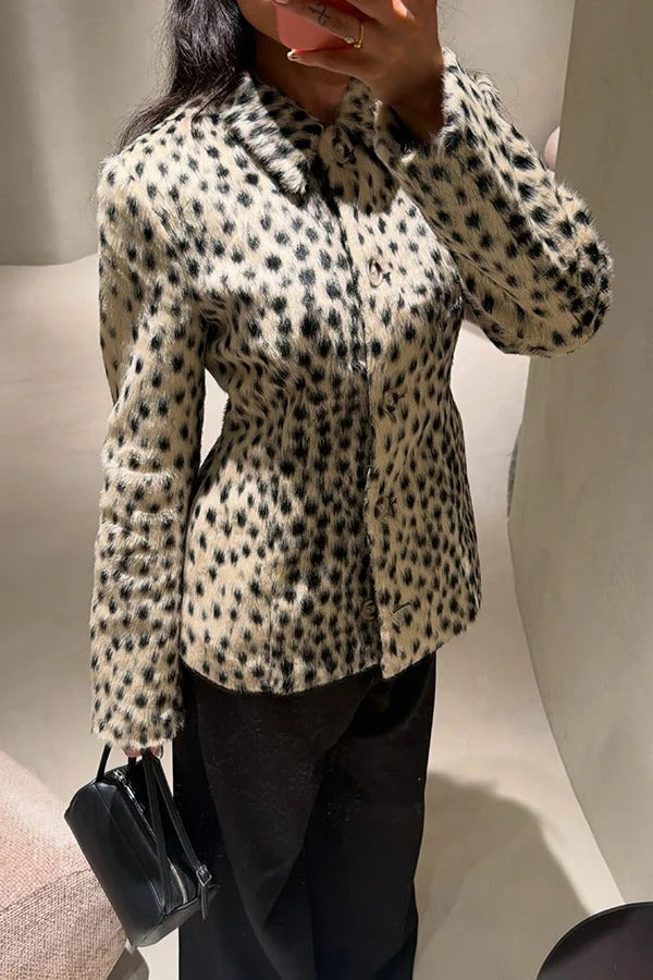 Nasha Faux Fur Leopard Print Button Up Long Sleeve Lapel Jacket
