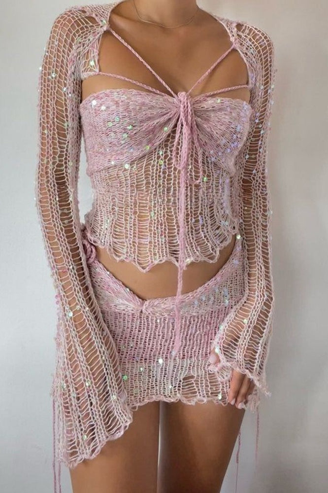 Sequin Knit Cutout Sweater Three Piece Skirt Set