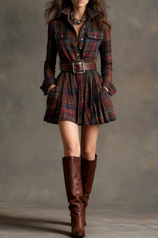 Plaid Print Lapel Long Sleeve Fitted Waist Pocket Casual Mini Dress