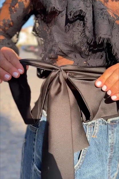 Court Style Lace High Neck Ruffle Long Sleeve Side Satin Bow Tie-up Top