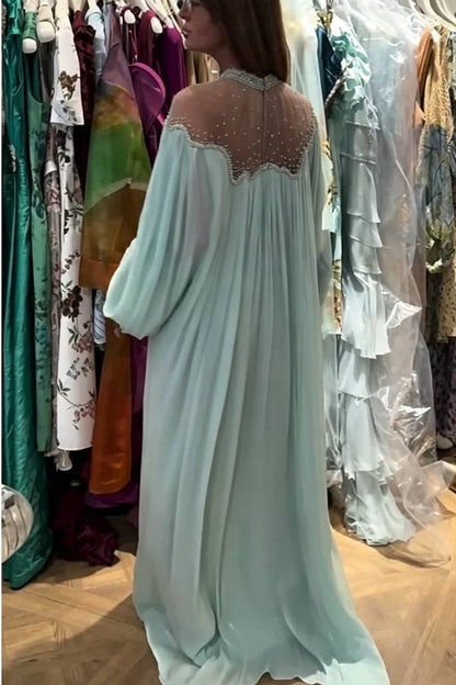 Eileen Georgette Sparkling Crystal Embroidery Detail Balloon Sleeve Kaftan Robe Maxi Dress