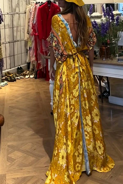 Boho Color-blocked Floral Print Wide Sleeve Tie-up Waist Pocket Maxi Dress