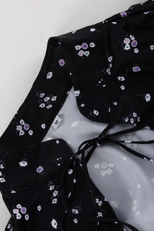 Stand Collar Tie Waist A Line Floral Dress